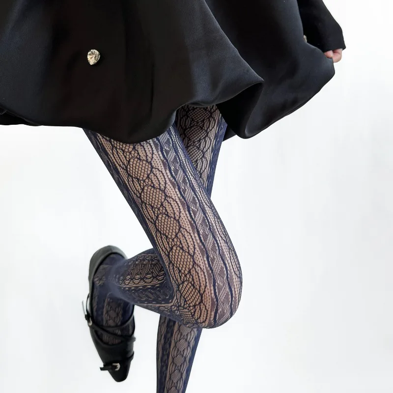 Lace Vertical Stripe Tights for Girls INS Sheer Hollow-Out Jacquard Design Firm Support Leg-Lengthening Sexy Retro Pantyhose