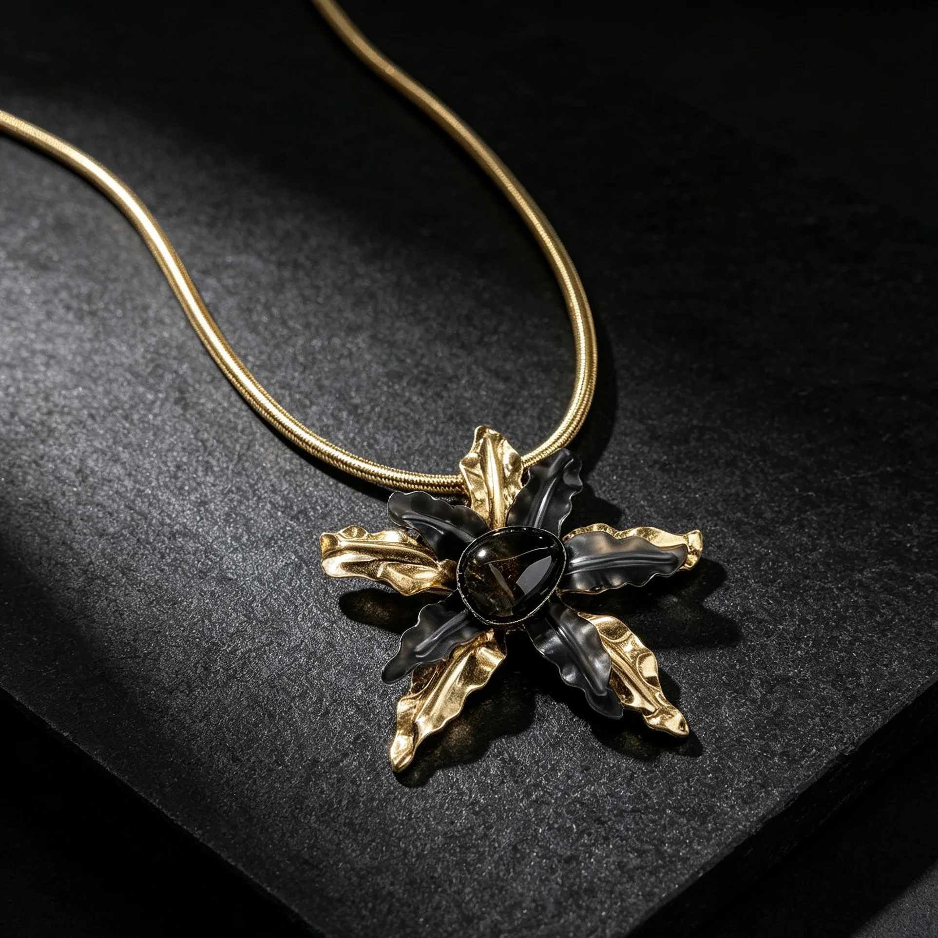 Dimensional Petal Flower Pendant Dark Gemstone Center Chunky Short Choker Statement Jewelry Vintage Botanical Outfit Accessories