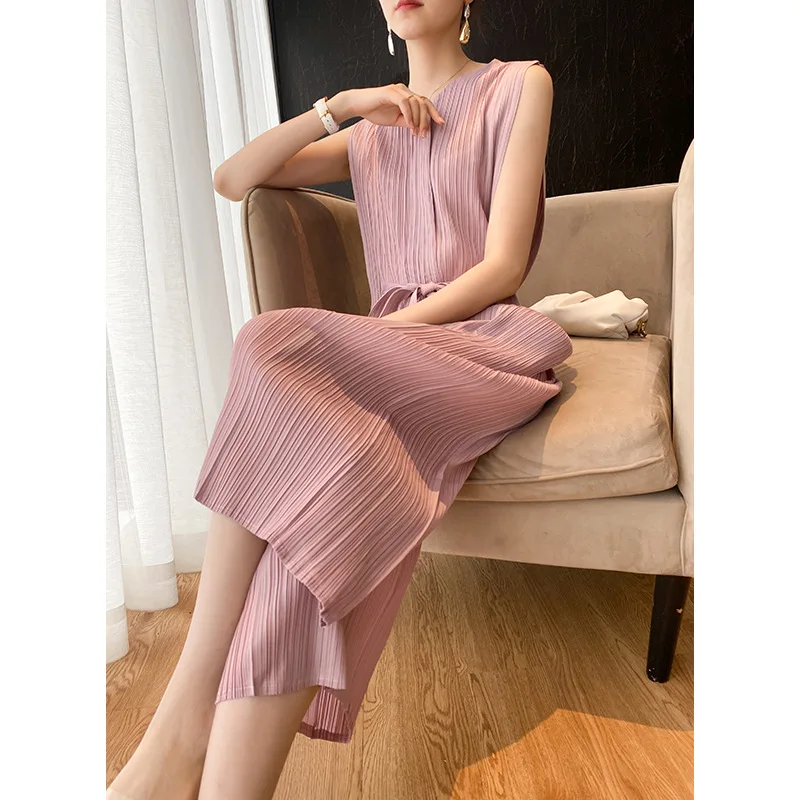 

Summer Sle Pleated One-Piece Pants Women's Svel Commute orm Loose Wide Leg Jumpsuit High Waist Nine Points Pants