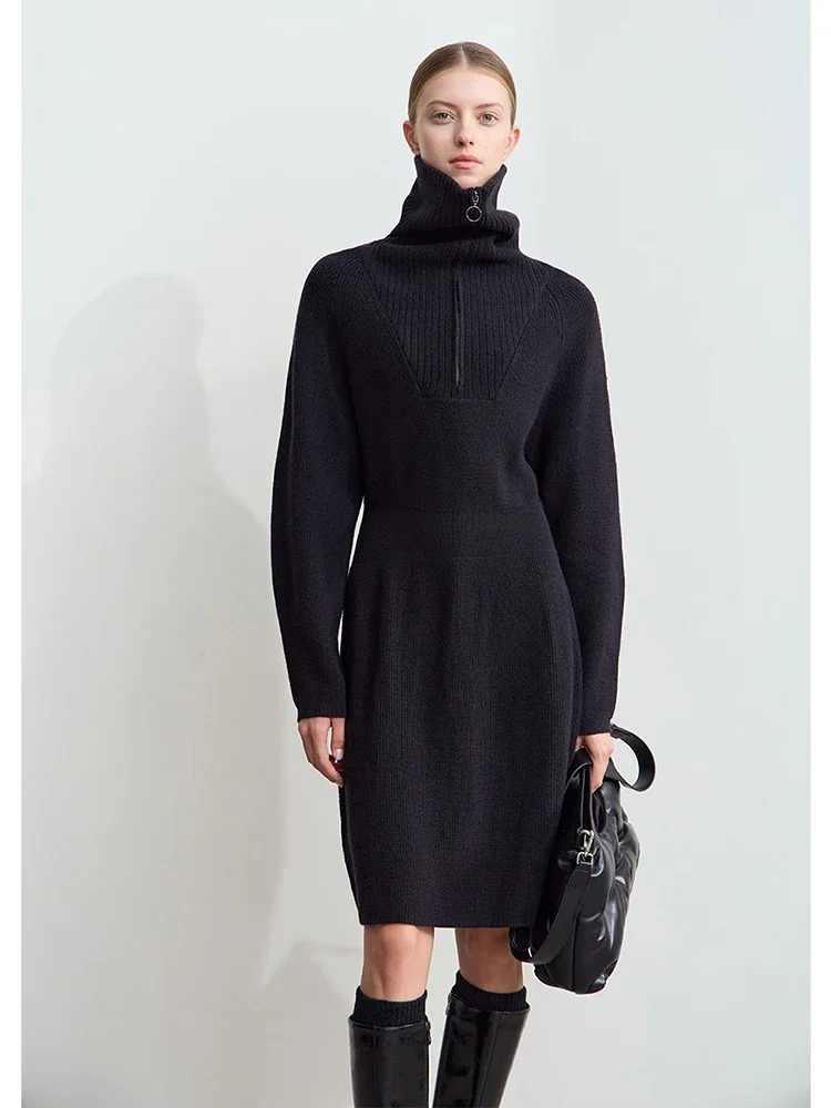 Amii Minimalist 2025 Winter New Women's Casual Knitted Skirt Lapel Shoulder Sleeve Zipper Semi-open Placket Waist Dress 12444240