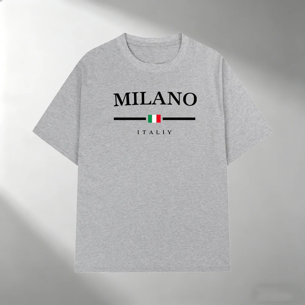 Herren Reines Baumwoll-T-Shirt MILANO Italien Flaggen-Print Kurzarm-Oberteil Lässiger Streetwear Minimalistischer Stil Locker Sitzend Tägliches Herren-Sommer-Tee-Shirt – Detail 11