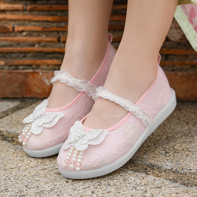 2026 Girl Embroidered Mary Janes Elegant Beading Butterfly Children's Festival Dress Shoes Princess Sweet Kids Hanfu Flat Shoes