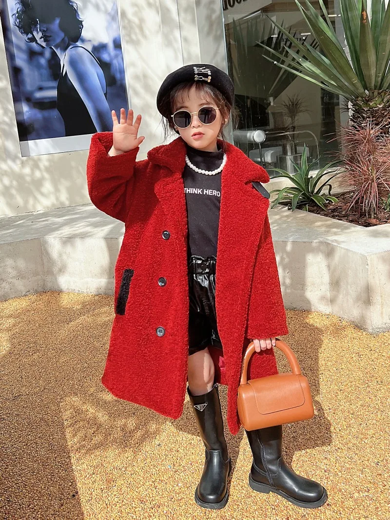 New Winter Children's Fur Integrated Coat Imitation Lamb Plush Fur Coat Warm Thickened Stand-up Collar Medium and Long