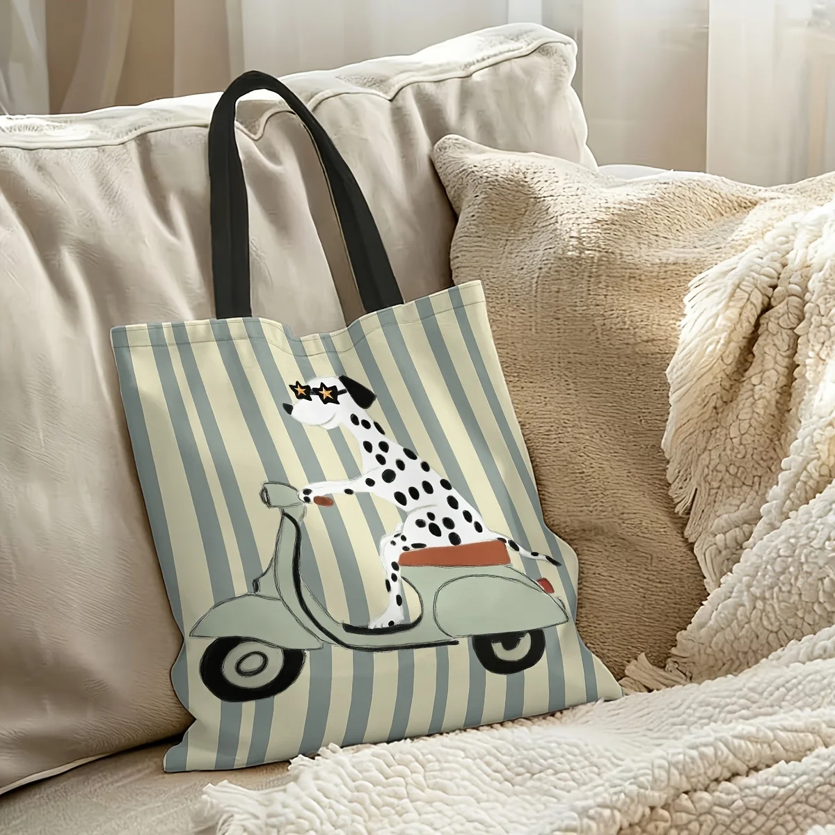 1pc Printed Tote Bag Light Blue And Beige Vertical Stripes Cartoon Dalmatian Large Capacity Handbag for Travel Shopping