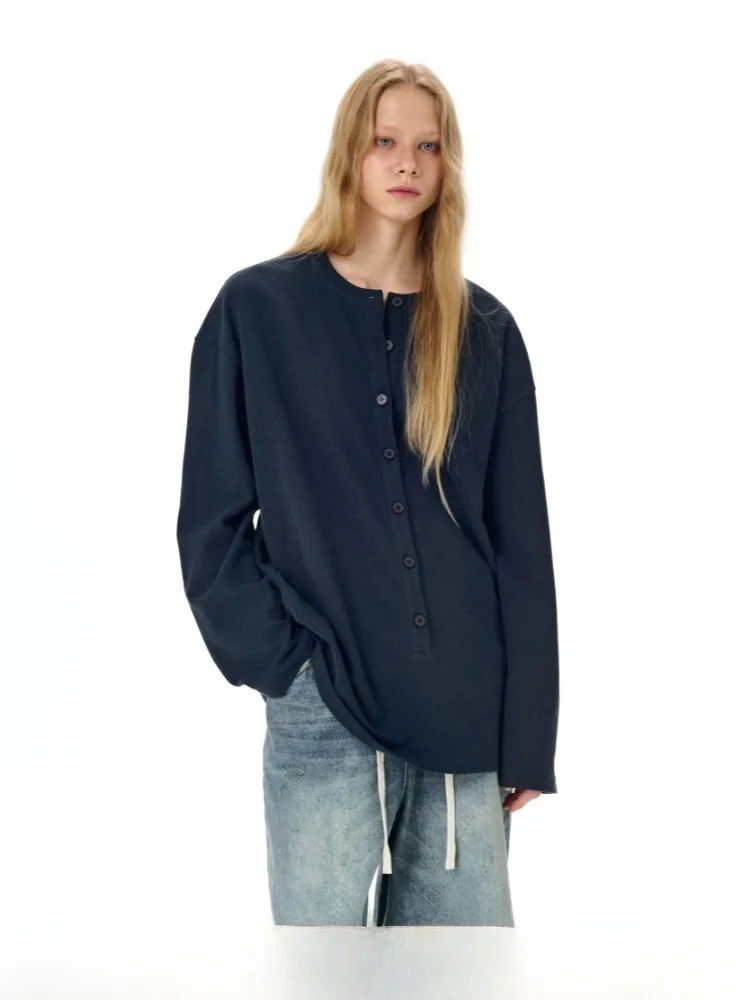 

Long Sve Sve Towel Material with Button Loose Fit Women's T-irt Blue White Bla Polyester Cotton Blend Regular Sve