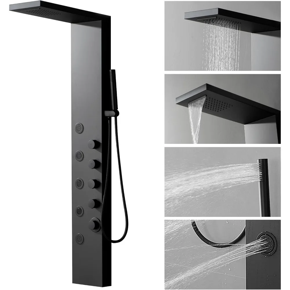 

Stainless Steel Shower Panel System with Rainfall Showerhead, 5 Body Jets, and Handheld Shower, Wall Mounted