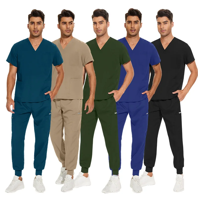 Multicolour Jogger Suits Doctor Nursing Uniforms Short Sleeve V-Neck Tops Pocket Pants Nurse Scrubs Set Medical Clinical Clothes