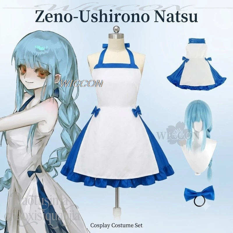 Anime Game Zeno Cosplay Ushirono Natsu Costume Blue White Dress Loli Maid Outfit Kawaii Cute Uniform Blue Wigs Halloween Party% - view 2