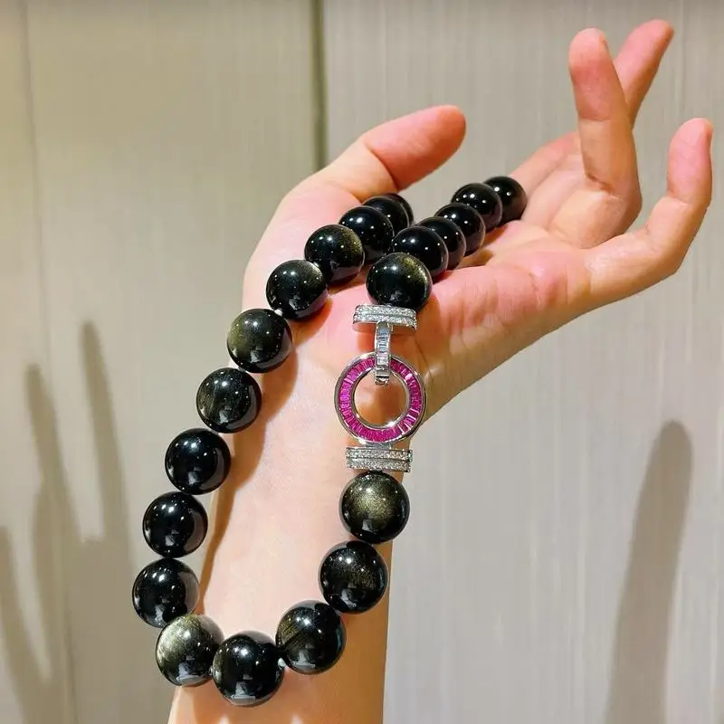 14mm high-quality custom-made 7A gold obsidian necklace a clavicle chain