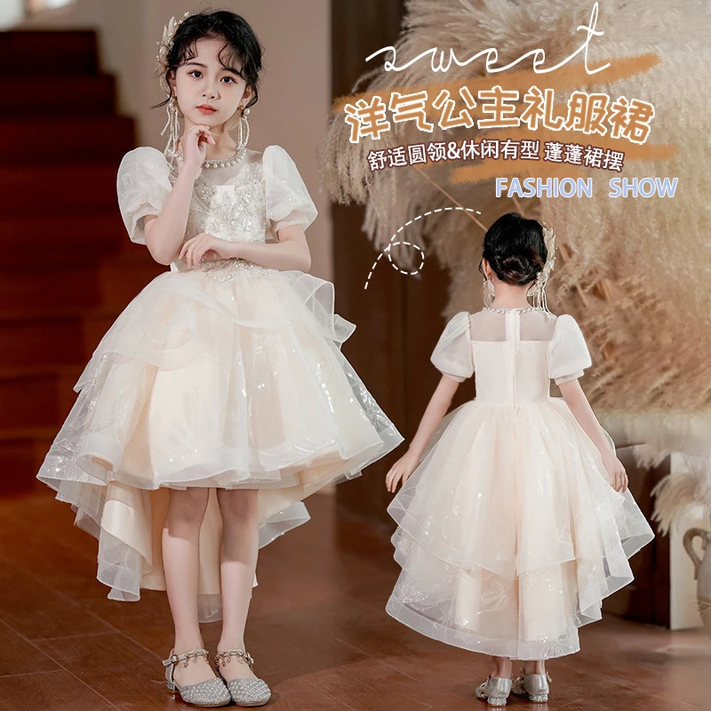 New Pearl Lace Flower Host Dress for Girls, High-End Puff Sleeve Princess Dress