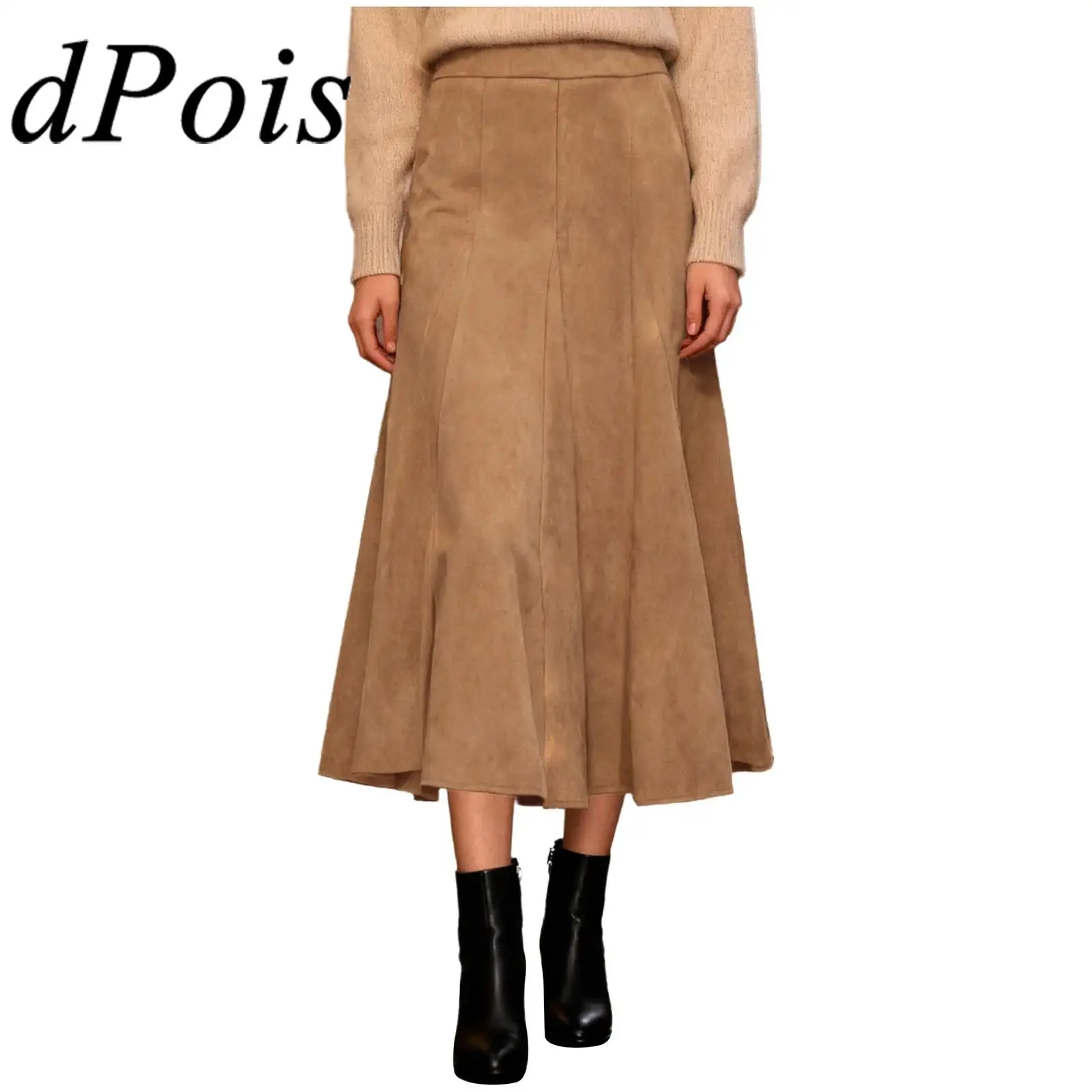 

Womens Faux Suede A-line Skirt High Waist Side Zipper Pleated Swing Hem Midi-length Skirt for Office Work Daily Weekend Vacation