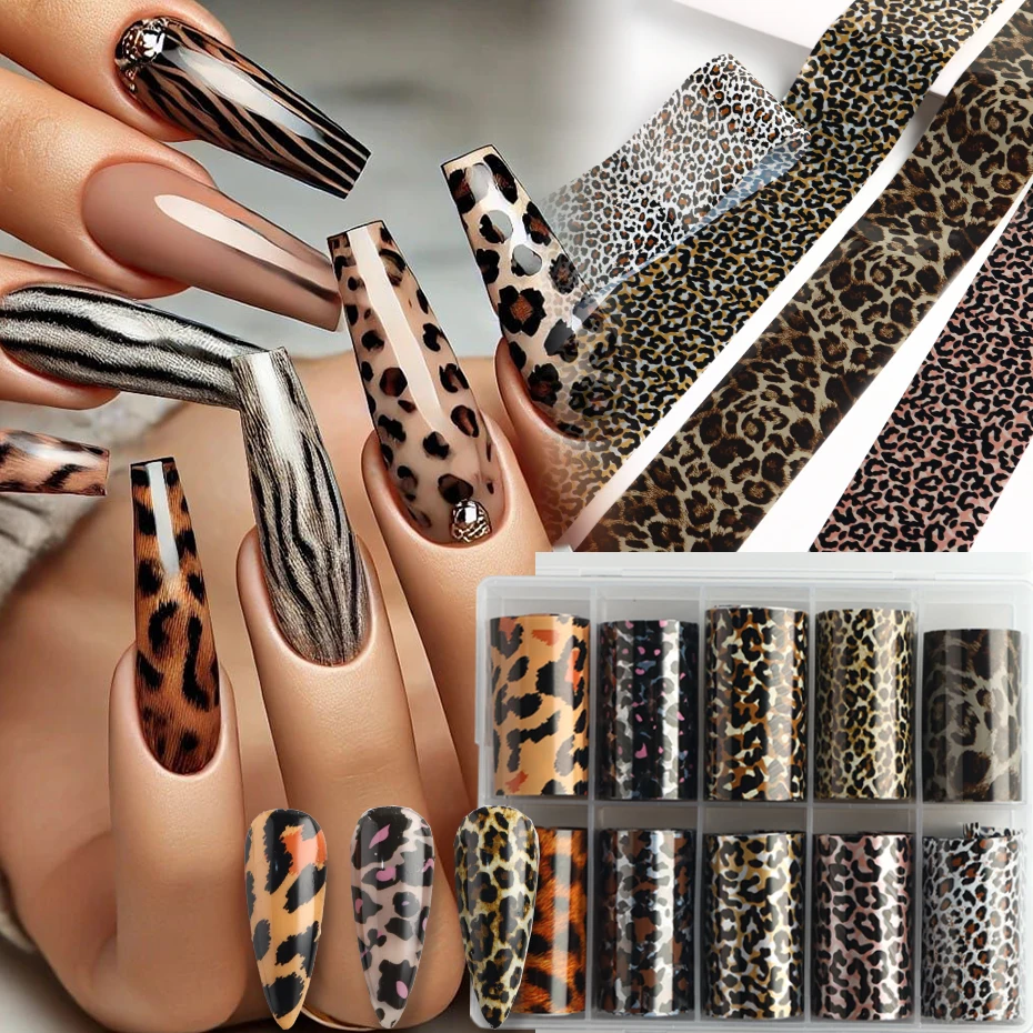 1Box-10Rolls Leopard Print Series Nail Sticker - Leopard Snake Print Nail Foils Decals Laser Starry Sky Paper Nail Decoration