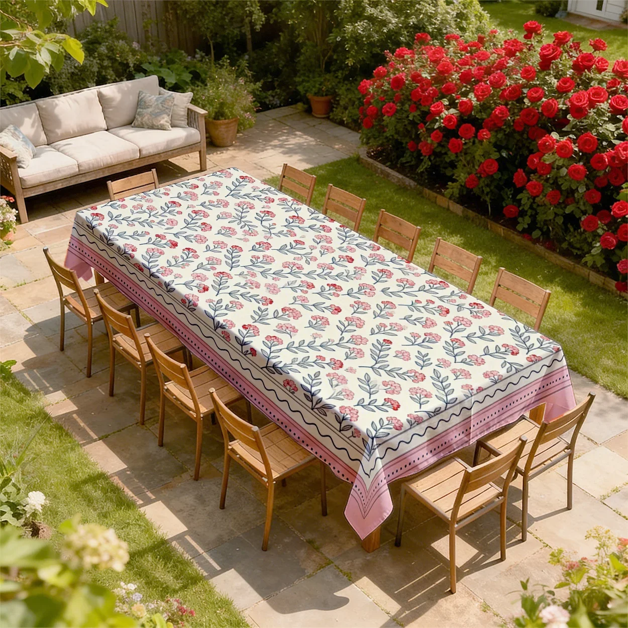 Tablecloth 2D Flat Printing - 1 piece. Retro floral pattern. Pink and green color scheme. Durable polyester fabric.