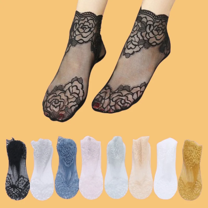 

5 Pairs New Women's Breathable Comfortable Short Socks Mesh Lace Flower Female Ankle Socks Cute Solid Color Cotton Medium Socks