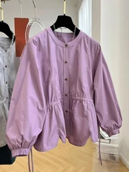 Korean Style Round Neck Long Sleeve Shirt Women Autumn New Vintage Solid Color Loose Casual Button Up Blouse