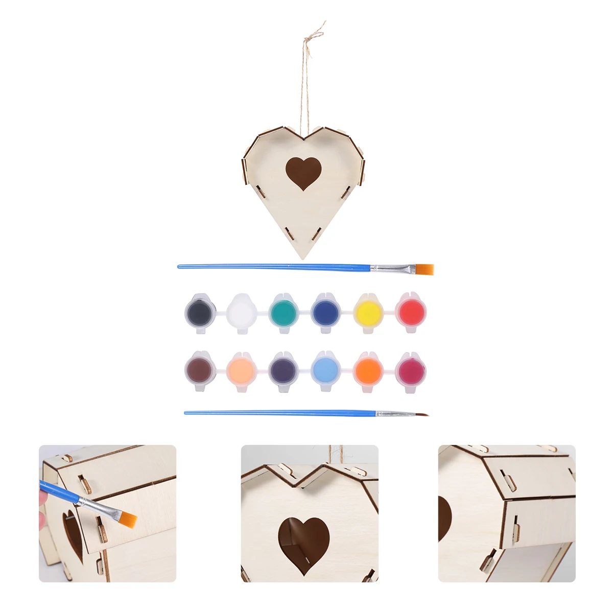 

Painted Bird House Home Decor Heart Shaped Paintbrush Kids Art Supplies Wood Ornament Hanging Pendant Outdoor Bird Accessories