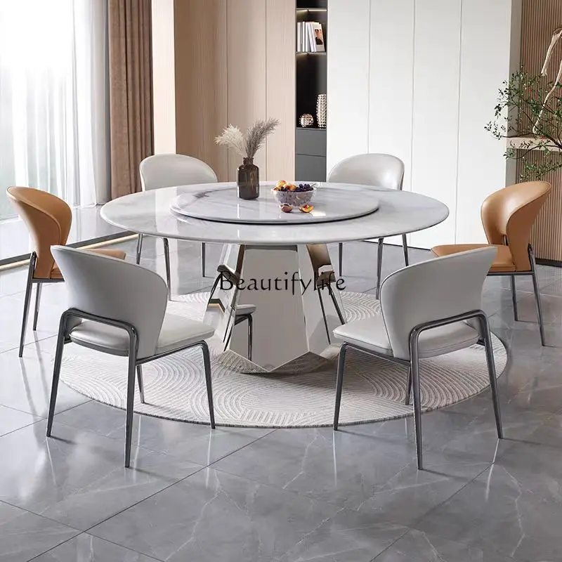 

Italian minimalist marble dining table and chair combination household simple high-end round supercrystalline stone dining table