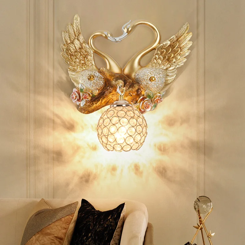 American swan wall lamp animal decoration creative living room TV wall bedroom bedside aisle stairs European crystal lamp
