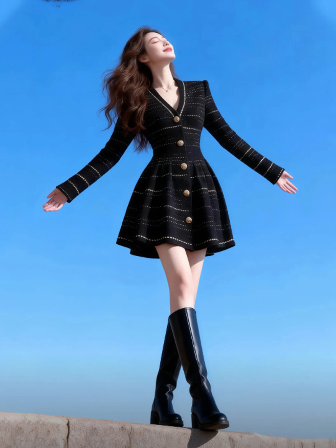 

Элегантное зимнее платье с V-образным вырезом, пышной талией, французским шиком, длинными рукавами, на пуговицах, из смесового хлопка, с красивой юбкой