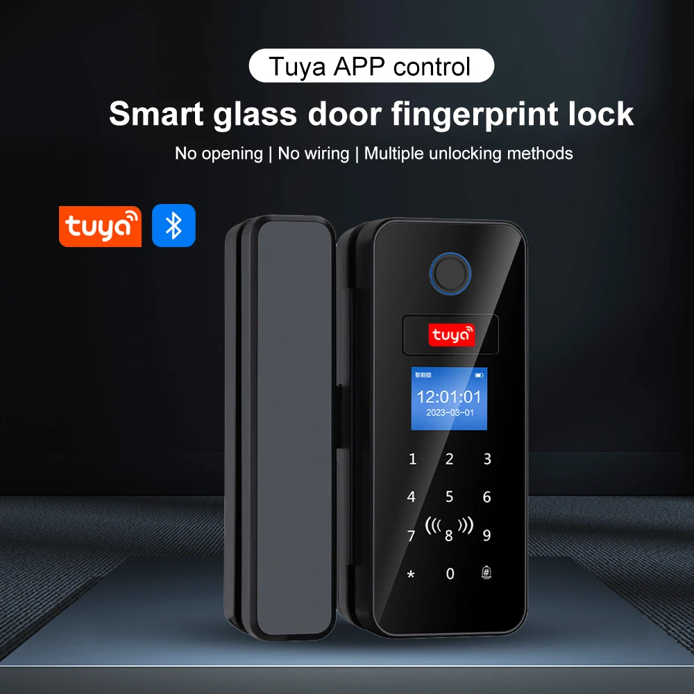 Tuya APP Glass Door Fingerprint Lock Bluetooth Smart Biometric Electronic Door Lock 13.56Mhz RFID Remote Control Keyless Unlock