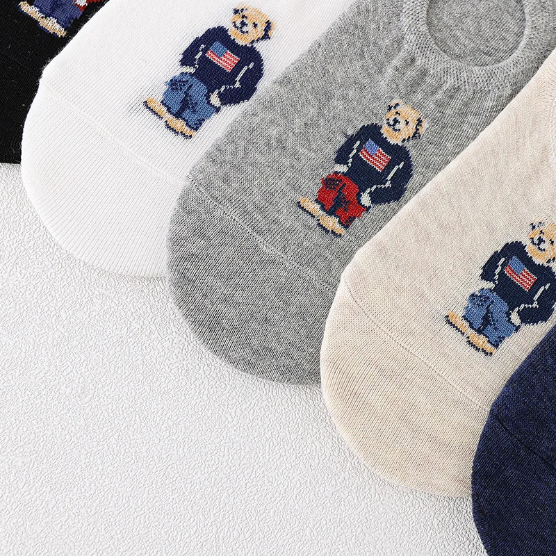 5 Pairs Unisex Men Socks 5 Colors Summer New Cartoon Bear Cotton Boat Socks Light Comfortable Sweat-absorbent Invisible Socks