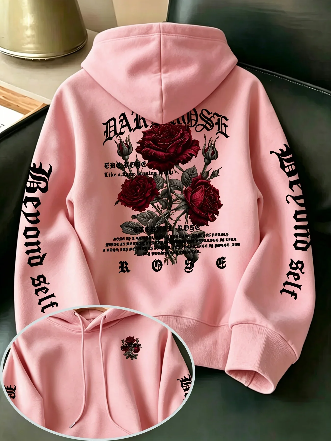Men's Gothic Rose Hoodie Dark Red Rose Letter Graphic Back Sleeve Print Vintage Oversized Pullover Sweatshirt Streetwear Autumn