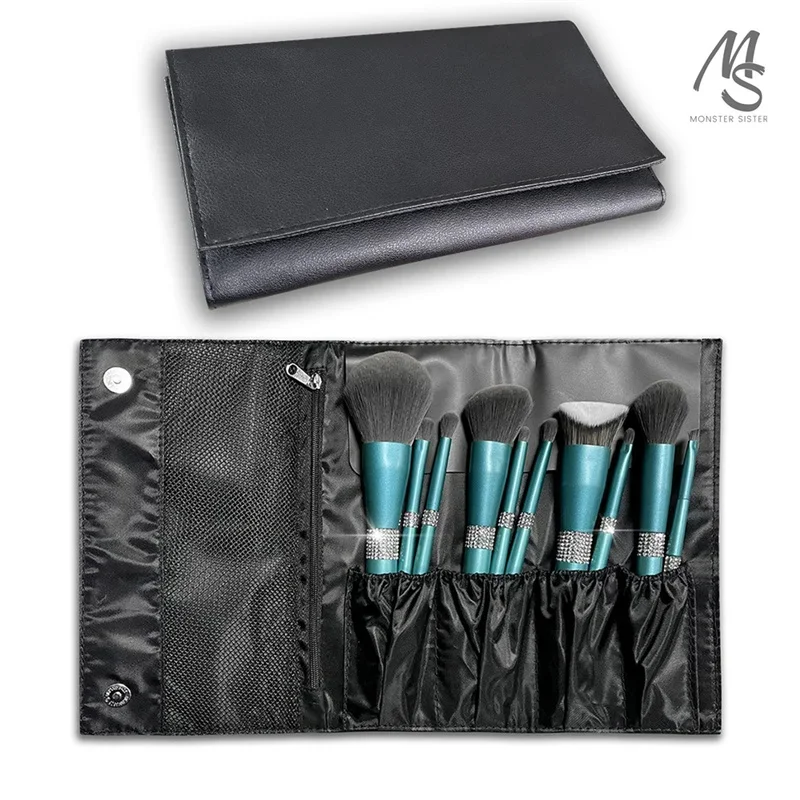 10Pcs Diamond Makeup Brush Set Eye Shadow Powder Blusher Brushes with Makeup Bag Green Turquoise Resplendent Beauty Tool Set