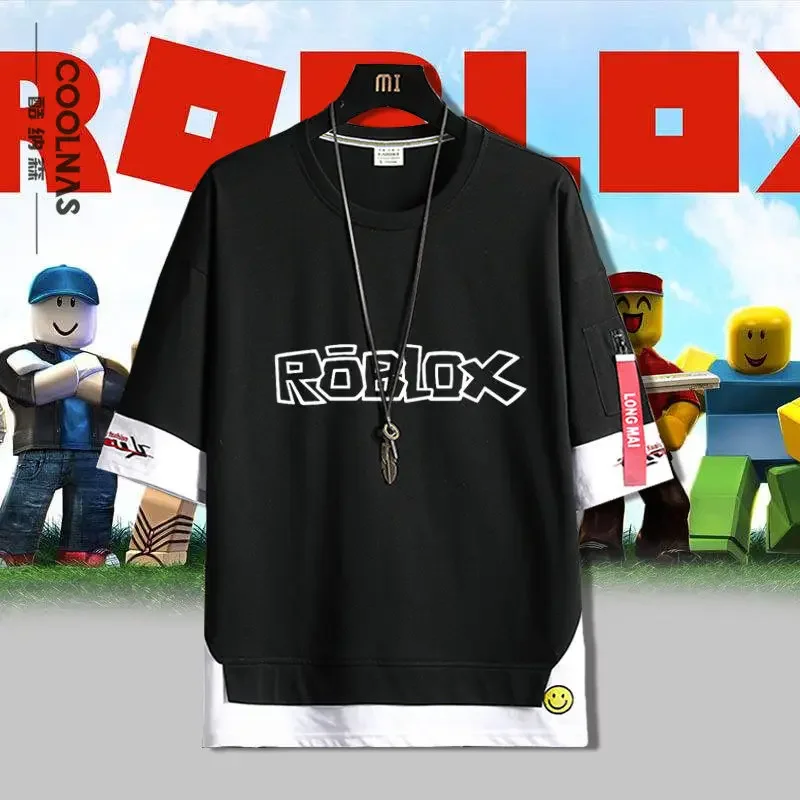 Cartoon Game Anime Peripheral ROBLOX Virtual World Short-sleeved T-shirt Men's Trend Splicing Loose Half-sleeved Clothes