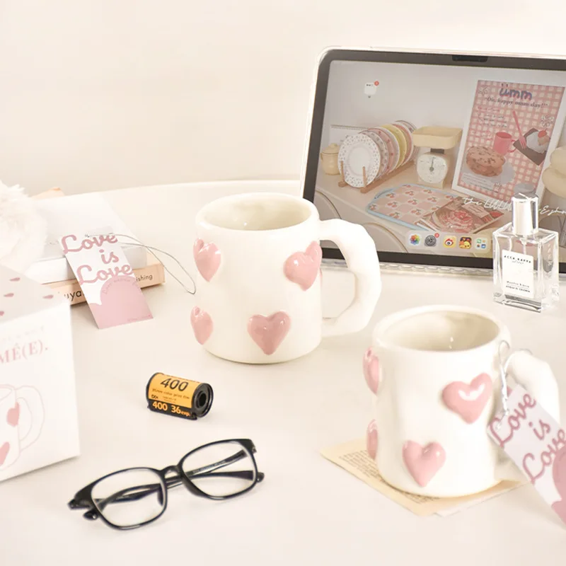 Heart Shaped Ceramic Mug Pink Aesthetic Cute Couple Coffee Cup for Home Use