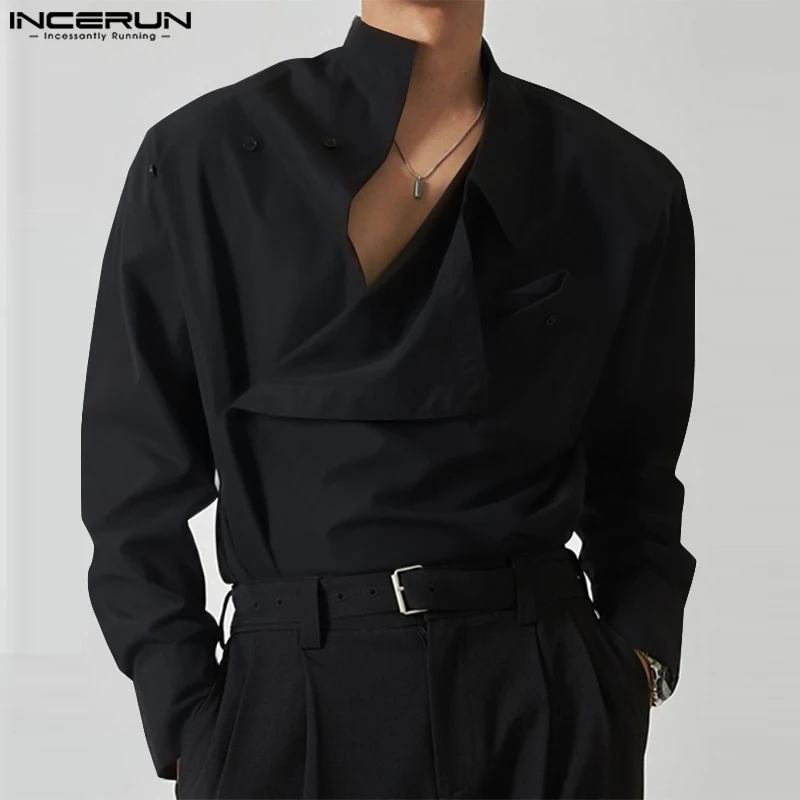 2024 Men\'s Irregular Shirt Solid Color Stand Collar Loose Long Sleeve Casual Men Clothing Streetwear Fashion Male Shirts INCERUN