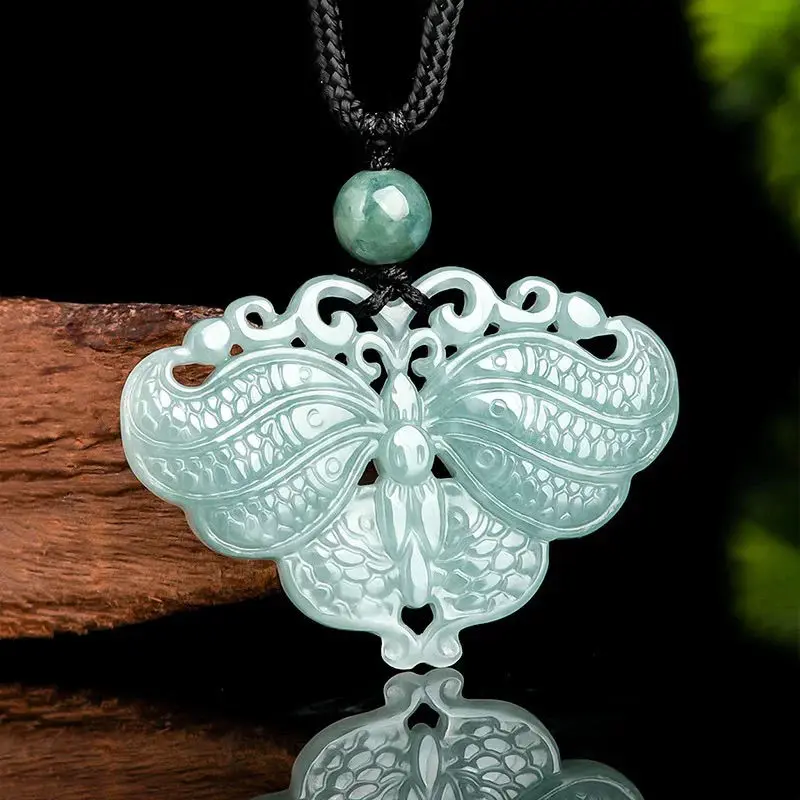 Myanmar Jadeite Blue Water Butterfly Double Sided Carved Pendant Exquisite Fashion Jewelry Necklace Men's and Women's Gifts