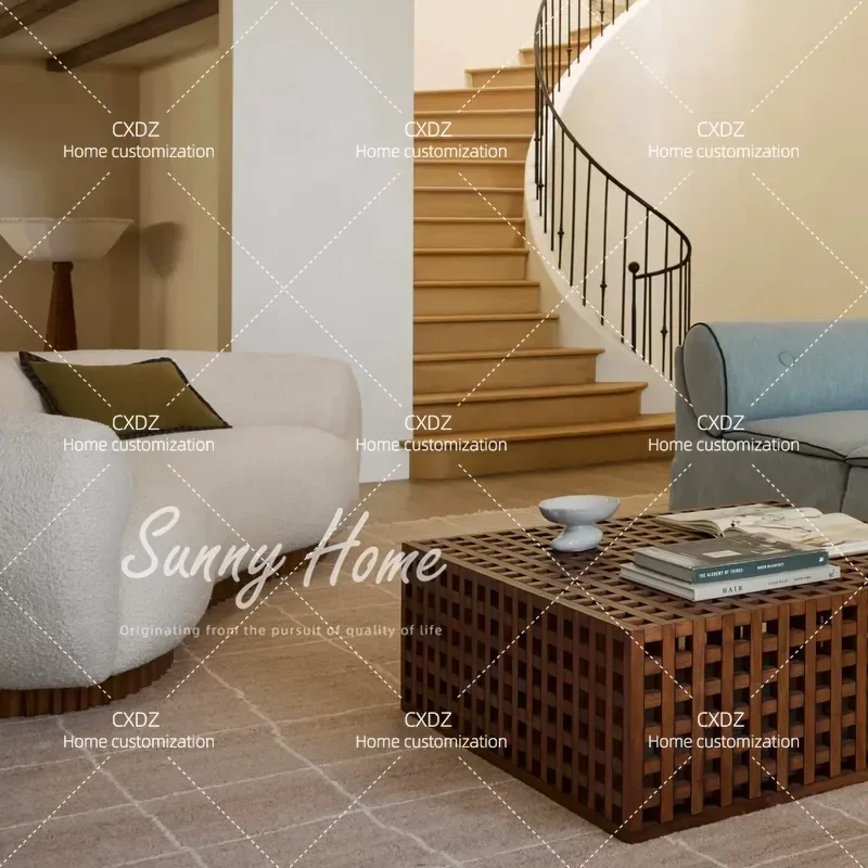 Medieval Simple Solid Wood Living Room Fabric Sofa Cream Curved Modular Sofa for Model Room Reception