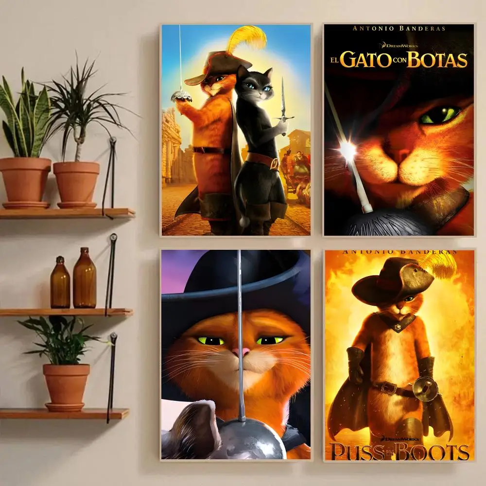 P-Puss In B-Boots Poster Waterproof Wall Art Sticker For Bar Living Room Vintage Room Decor High Quality Print Gift