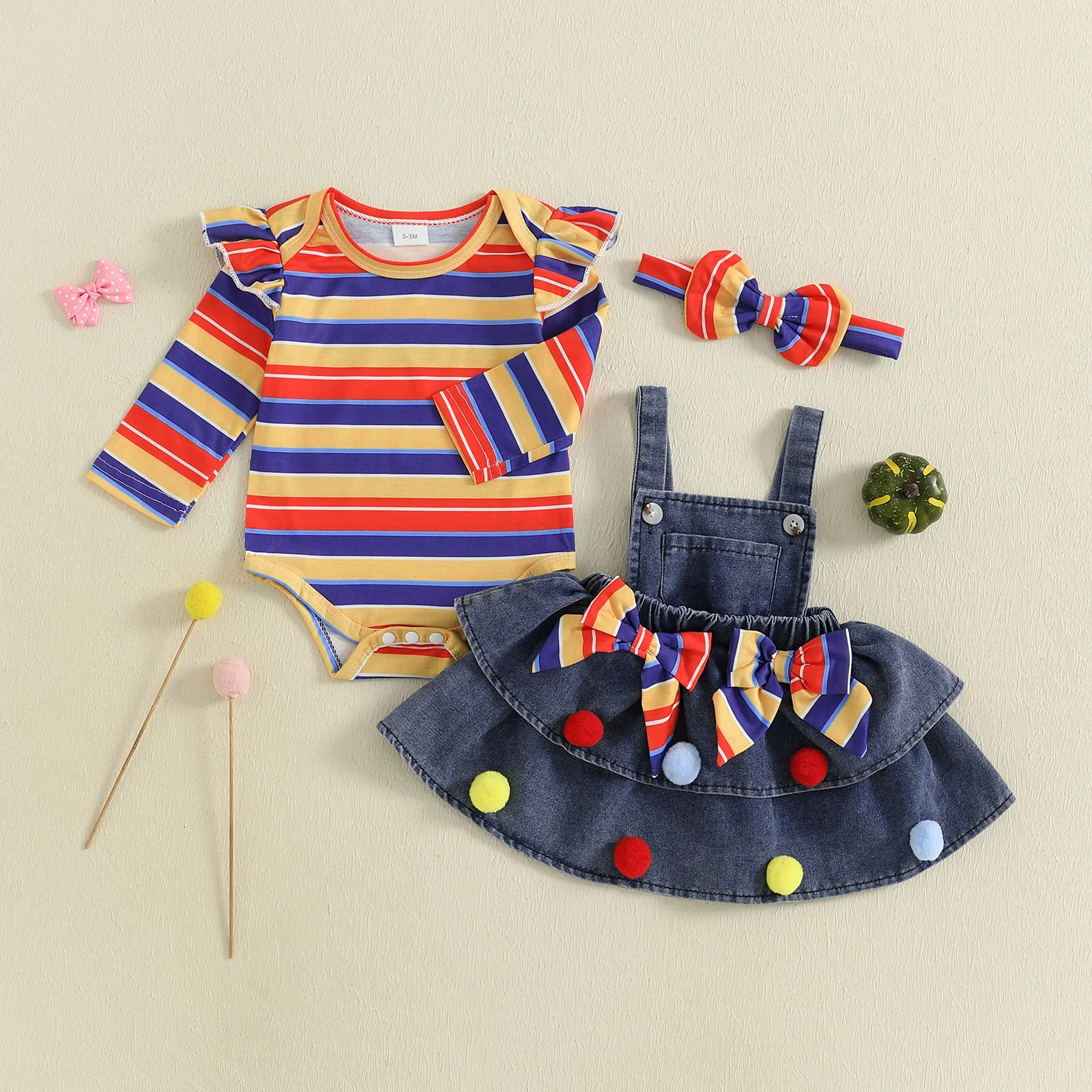 

0-18 Months Baby Girl Fall Outfit Striped Long Sleeve Romper Denim Suspender Mini Skirt and Bow Headband 3 Pcs Set