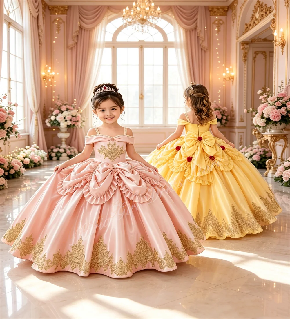 Customized Luxury Pink Satin Fluffy Flower Girl Dress Wedding Golden Floral Decal Bow and Train Back Kids Birthday Party Gown