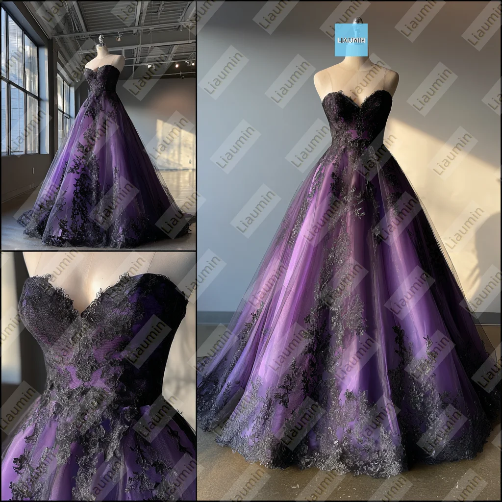 

Purple Tulle Black Lace Applique Strapless Floor Length Evening Prom Wedding Formal Dress Lace-up Customized Hand Made A7-1.70