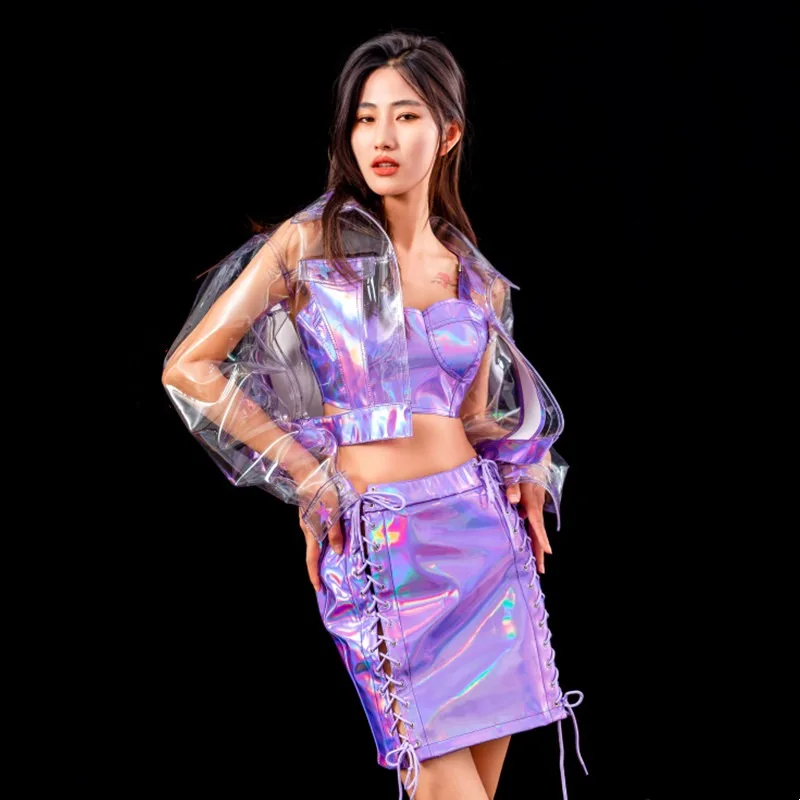 Nightclub Sexy Jazz Dance Costume Purple Leather Tops Skirt See Through Hooded Coat Performance Outfit Team Rave Clothing Set