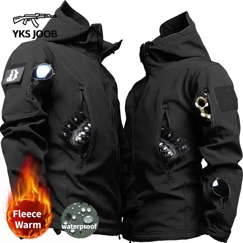 

Outdoor Special Forces Shark Skin Soft Shell Men's Hooded Jacket Fleece Waterproof Windproof Multi Pocket Wear-resistant Coat