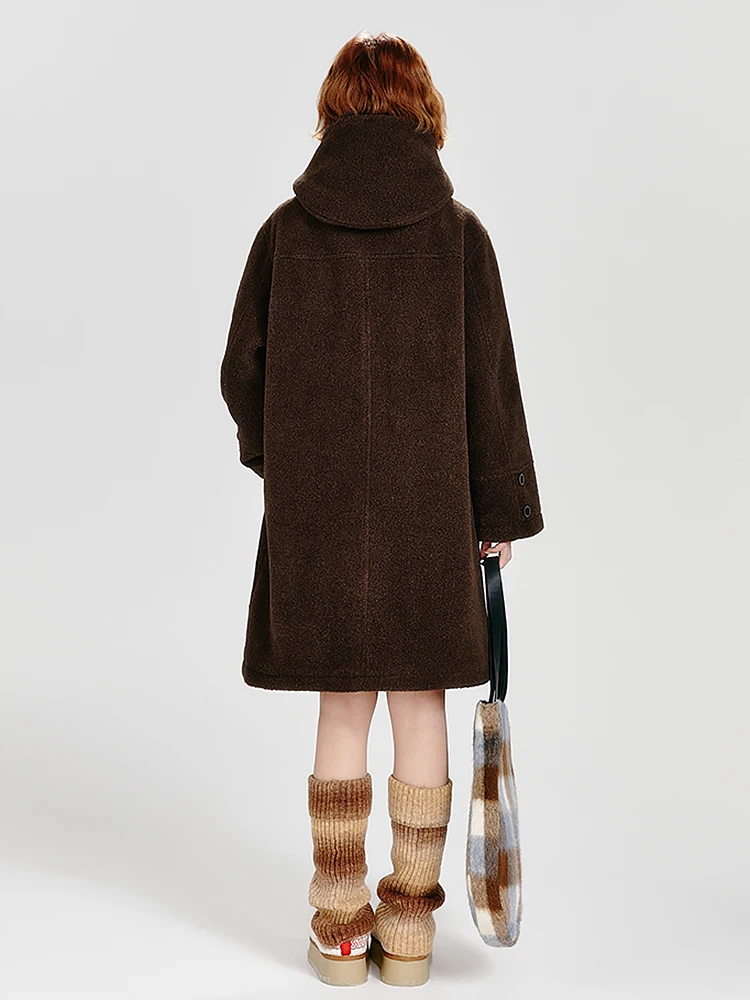 Winter Thick Wool Coat Mid-Length Hooded Duffel Jacket Loose Fit Warm Casual Outerwear Retro Toggle 