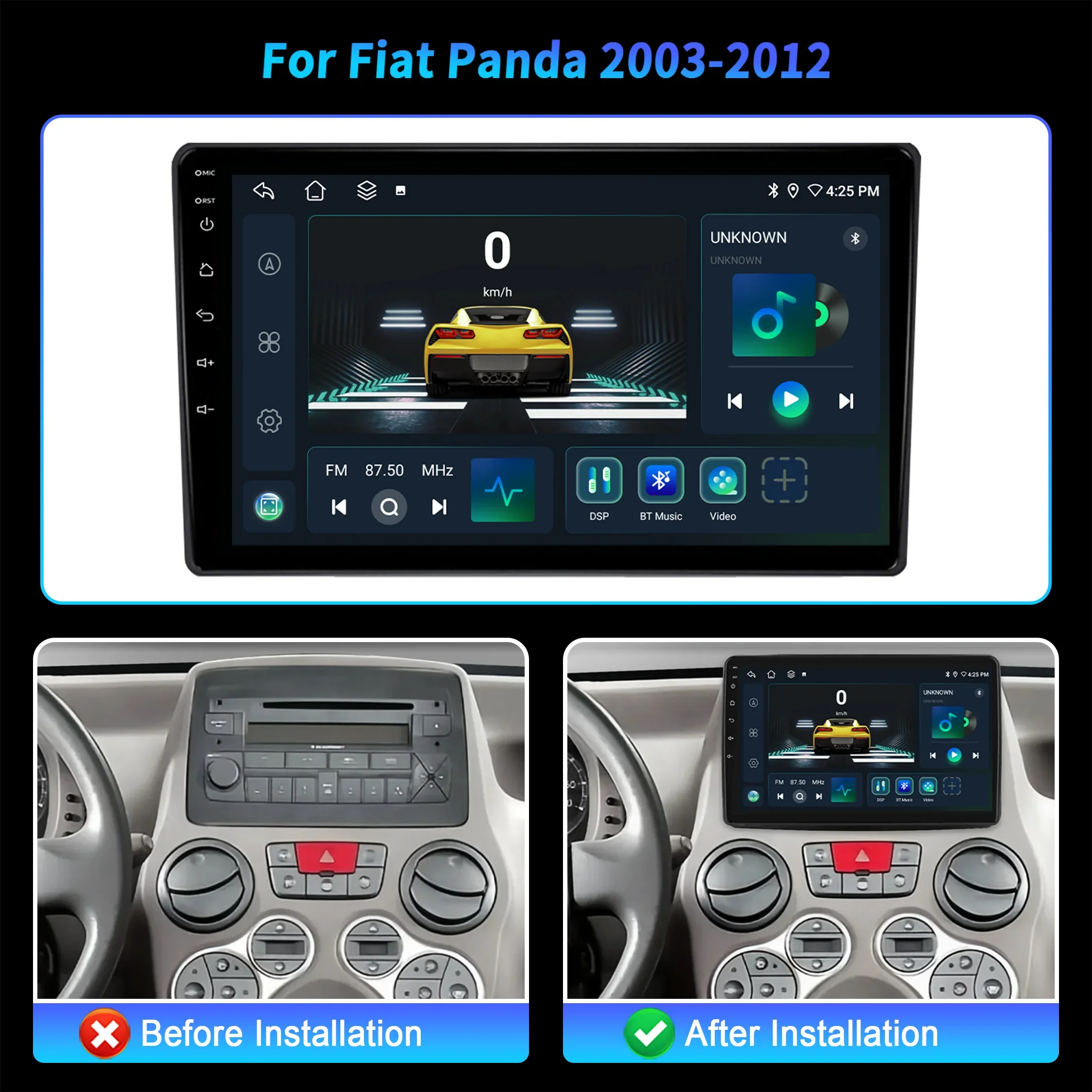 راديو سيارة أندرويد 14 لشركة فيات باندا 2003-2012 ملاحة ستيريو تلقائي لاسلكي BT Carplay شاشة الوسائط المتعددة للسيارات 2K QLED