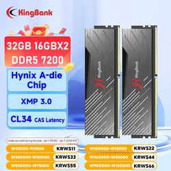 KingBank 메모리 램, 하이닉스 A 다이 메모리 CL34, 데스크탑 게임용 고성능 XMP 3.0, ddr5, 7200mhz, 16GB, 32GB RAM