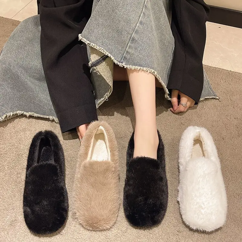 

Black Downy Slip On Loafers Women Warm Winter Flat Fluffy Shoes Soft Sole Beige Fur Moccasins Mom Granny Furry Ballet Flats