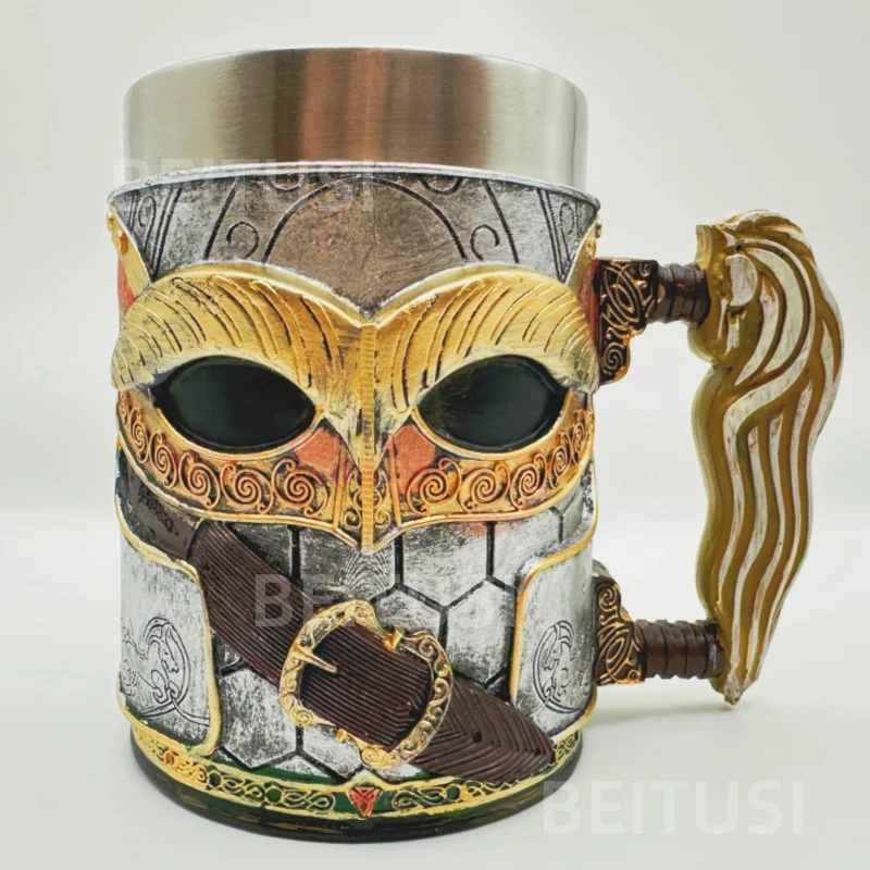 Retro Mask Beer Mug Pirate Swordsman Coffee Medieval Warrior Stainless Steel Handle Party Cup Decorations Craft Golden New Gift