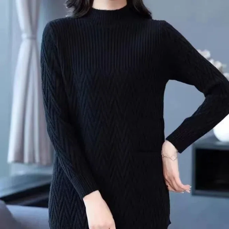 Temperament Autumn/Winter Women\'s Sweaters Pullovers Mock Neck Solid Pockets Screw Thread Fashion Long Sleeve Long Knitted Tops