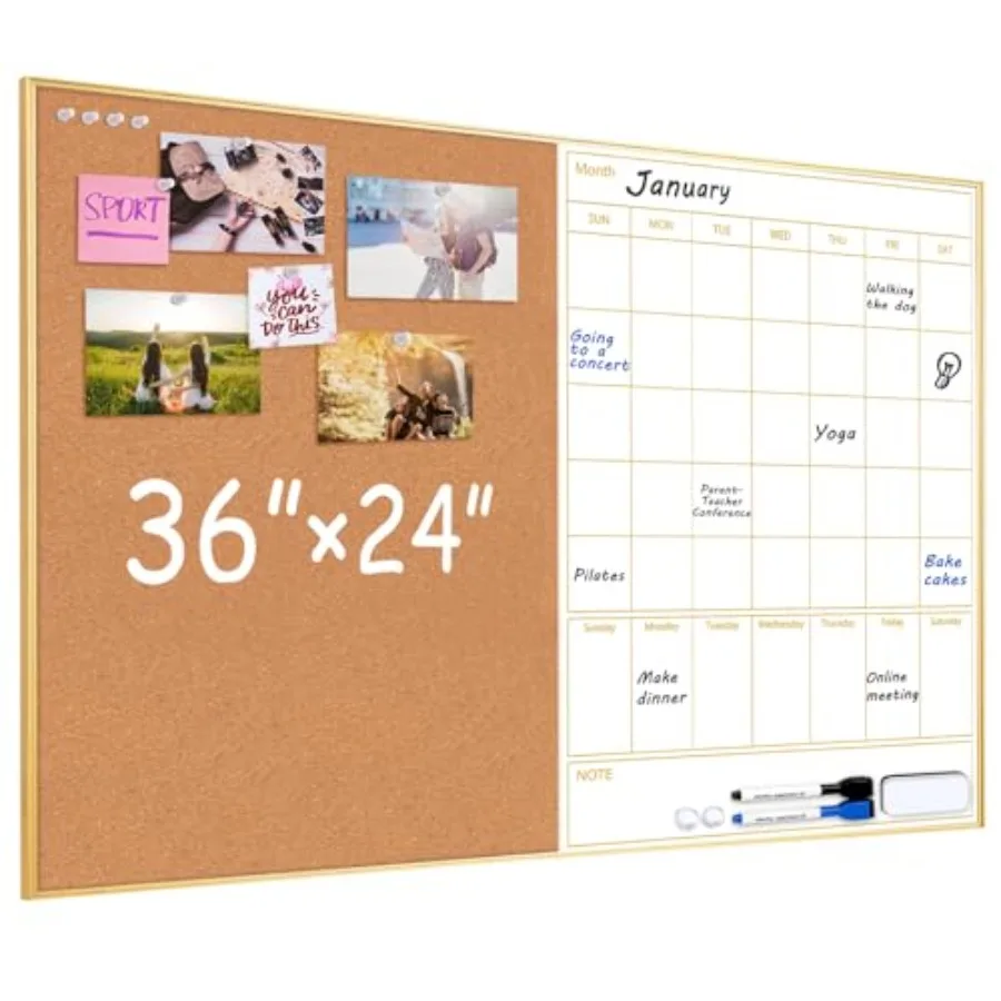 

Dry Erase Calendar with Cork Board 36"x24" Magnetic White Board Calendar Dry Erase for Wall Gold Frame Combination Board for Of