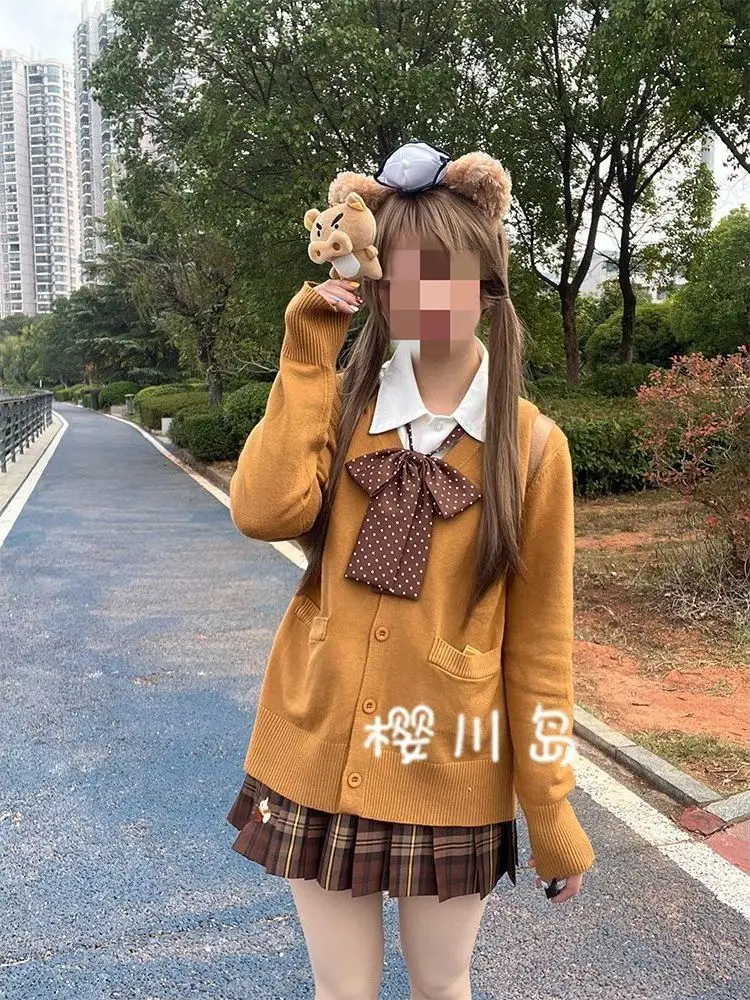 

Карамельный вязаный длинный кардиган све, женский модный комплект, осенне-зимний коричневый наряд, комплект с юбкой-накидкой, комплект для колледжа, ансамбль