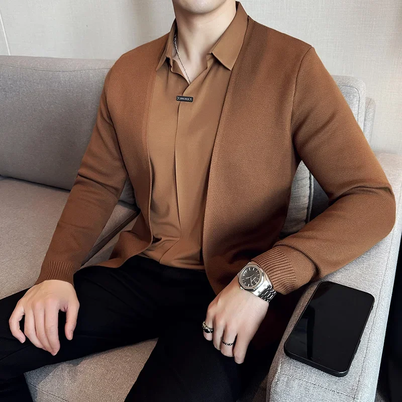 

Men Fake Two Pieces Cardigan Sweater 2026 Autumn New Shirt Collar No Trace Casual Sweaters Slim Fit Pull Homme 4XL Mens Clothing