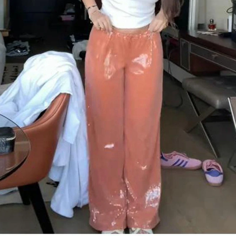 Combhasaki Donna Shiny Glitter Paillettes Lace-up Coulisse Vita bassa Pantaloni lunghi Gamba larga Party Clubwear Pantaloni larghi a gamba larga