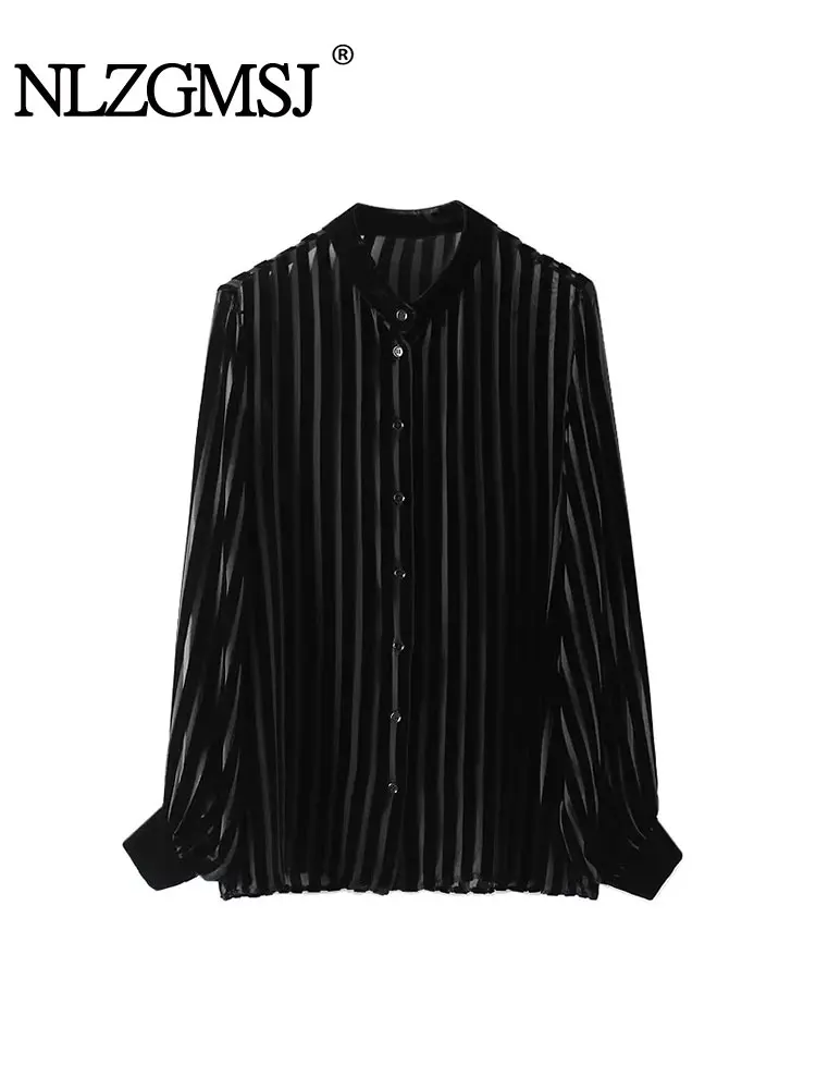 TRAF 2024 Striped Velvet Shirts for Women Black Oversize Shirt Woman Long Sleeve Shirts Blouses Women Semi Sheer Women's Shirts