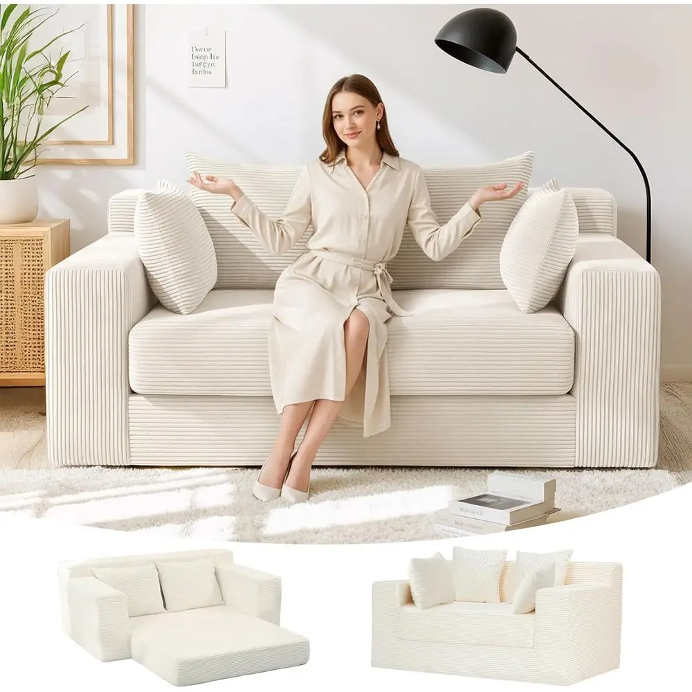 

Трансформируемый диван-кровать 3-в-1 с 4 подушками, 55, бежевый, идеально подходит для гостиной, большого зала, небольших помещений, вельвет, без сборки